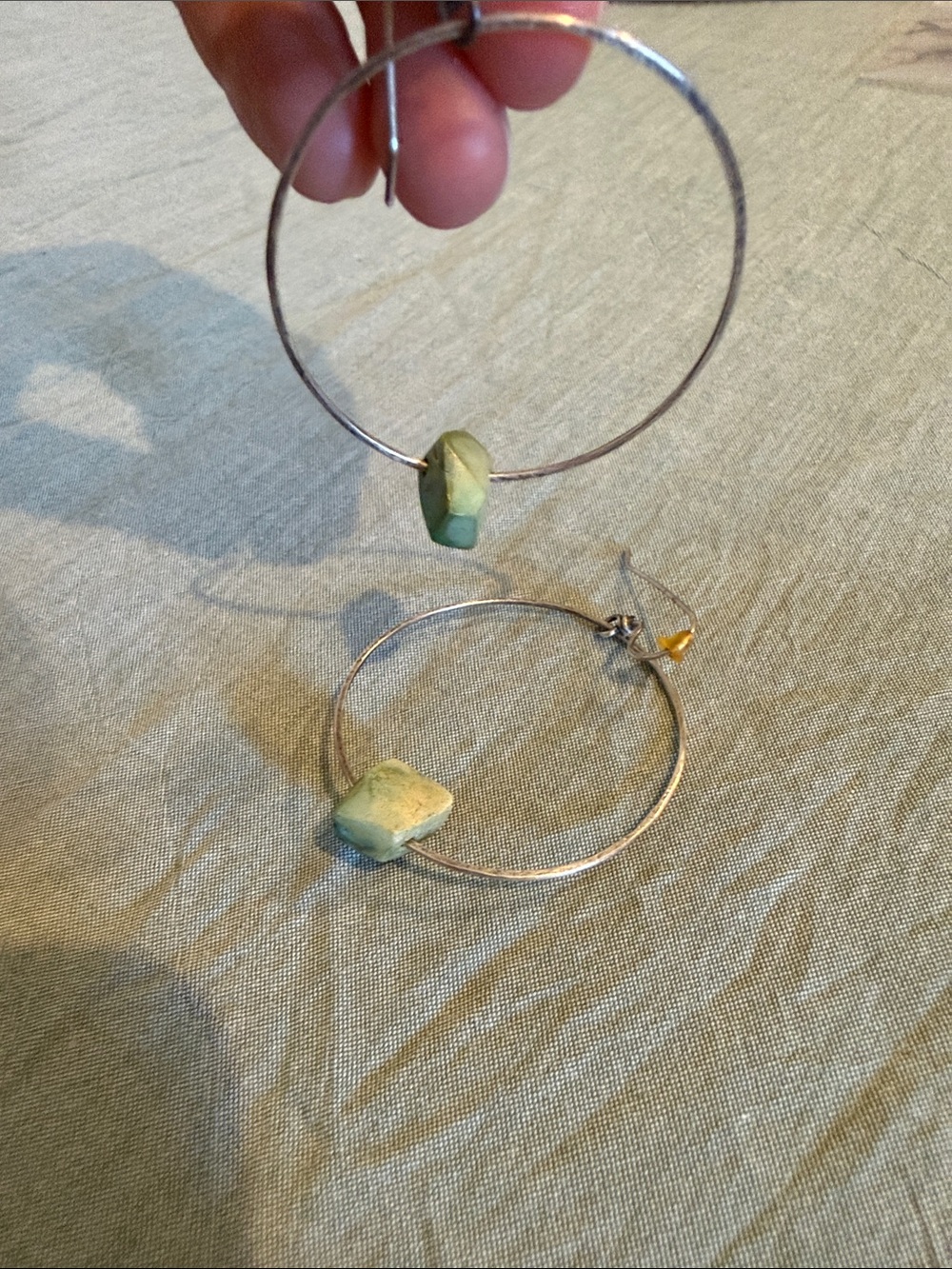 Silver Hoop Earrings with Green/Yellow Stone Accents
